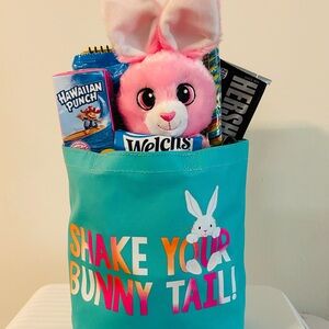 Teal Easter Treat Tote with Pink Plush Bunny